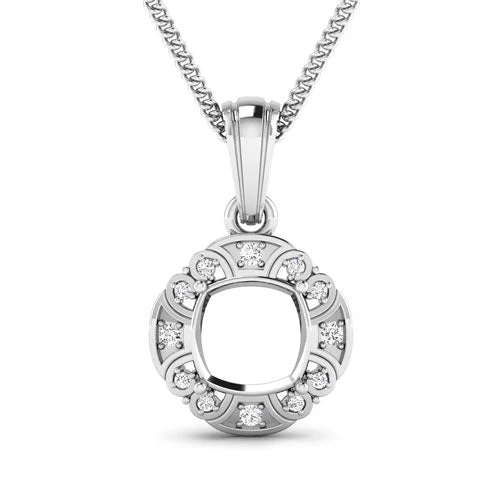 0.09 Carat Genuine White Diamond 14K White Gold Semi Mount Pendant - holds 8x8mm Cushion Gemstone - Image 4