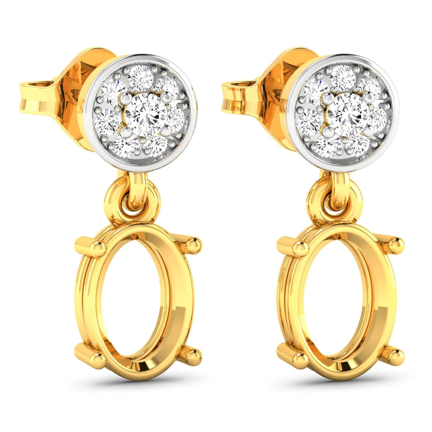 0.11 Carat Genuine White Diamond 14K Yellow Gold Semi Mount Earrings - holds 7x5mm Oval Gemstones - Image 4