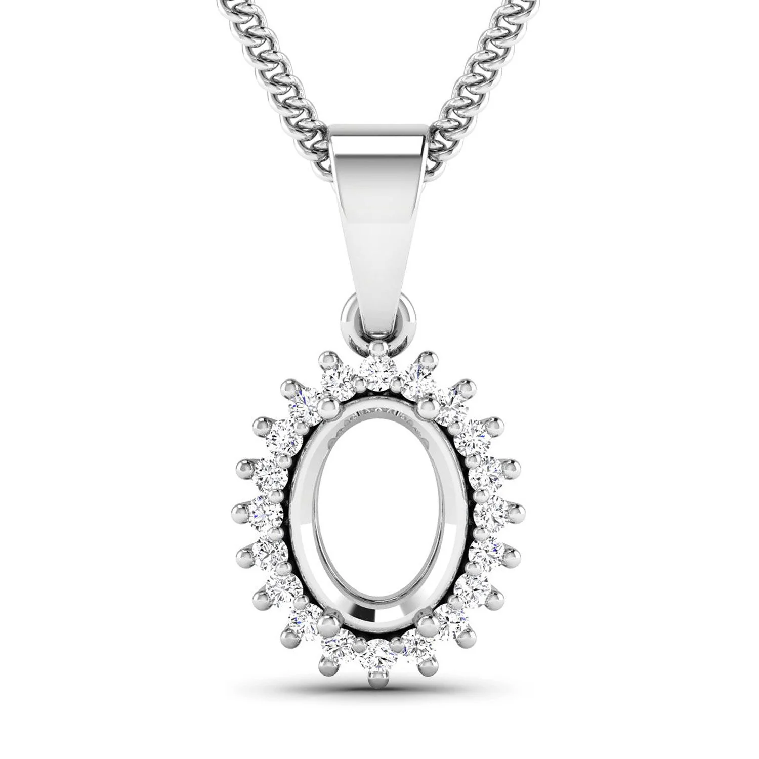 0.13 Carat Genuine White Diamond 14K White Gold Semi Mount Pendant - holds 8x6mm Oval Gemstone