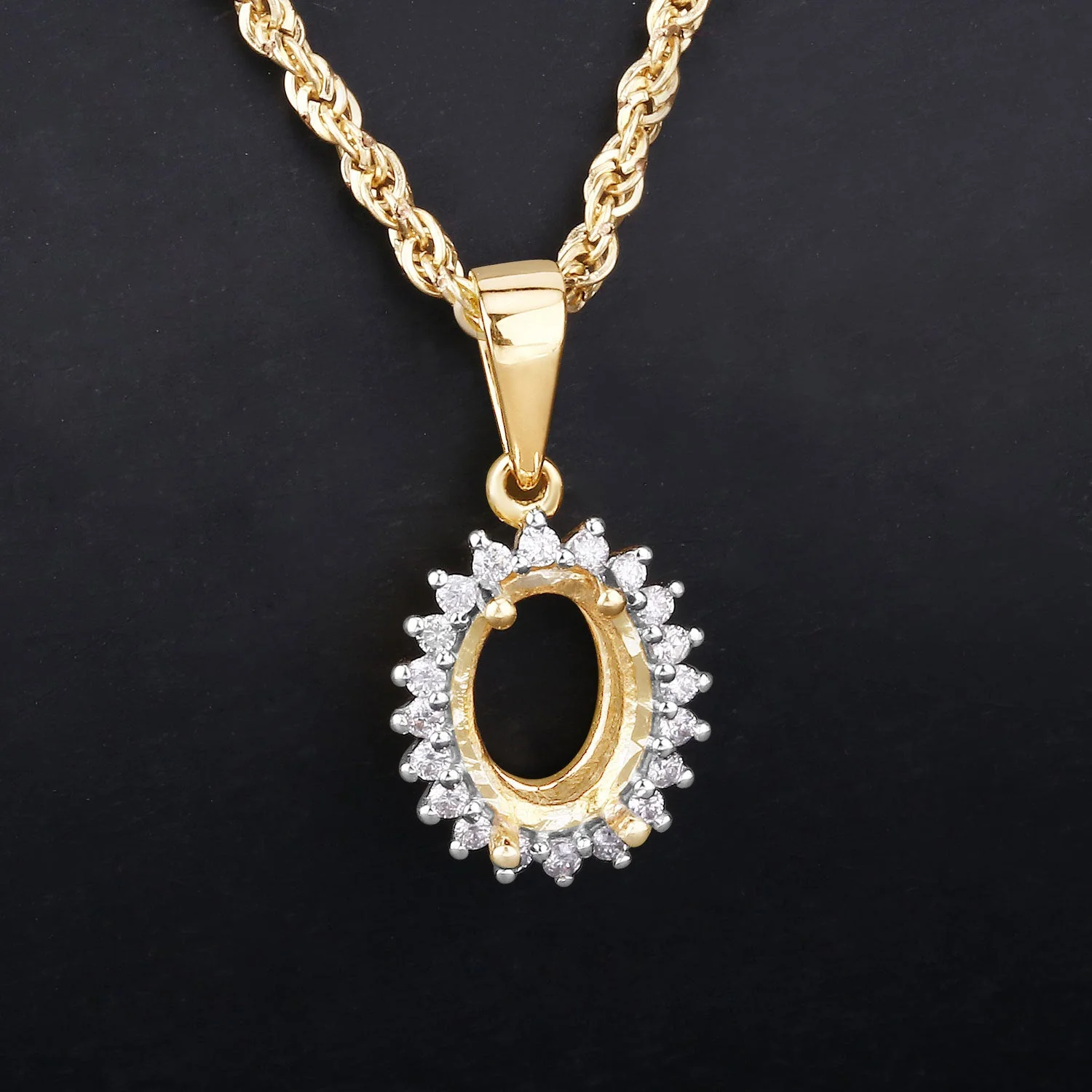 0.13 Carat Genuine White Diamond 14K Yellow Gold Semi Mount Pendant - holds 8x6mm Oval Gemstone - Image 4