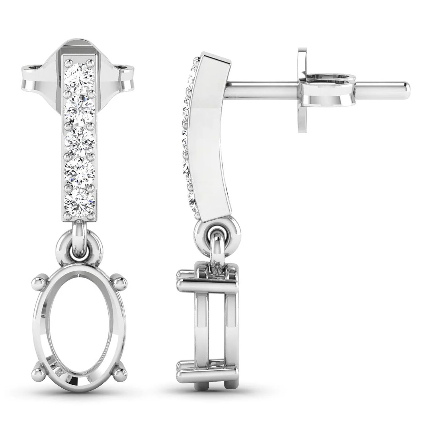 0.14 Carat Genuine White Diamond 14K White Gold Semi Mount Earrings - holds 7x5mm Oval Gemstones - Image 2