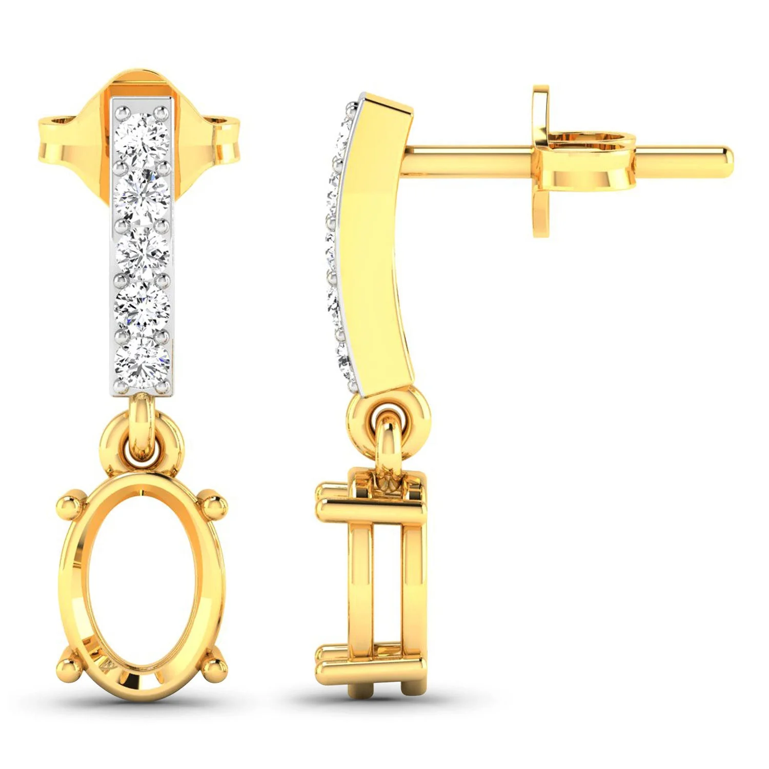 0.14 Carat Genuine White Diamond 14K Yellow Gold Semi Mount Earrings - holds 7x5mm Oval Gemstones - Image 2