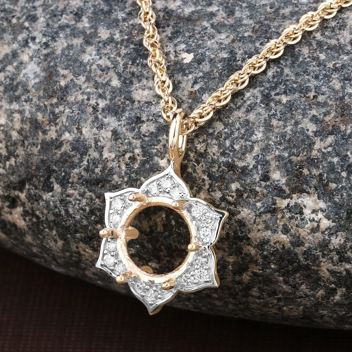 0.14 Carat Genuine White Diamond 14K Yellow Gold Semi Mount Pendant - holds 8.00mm Round Gemstone - Image 4