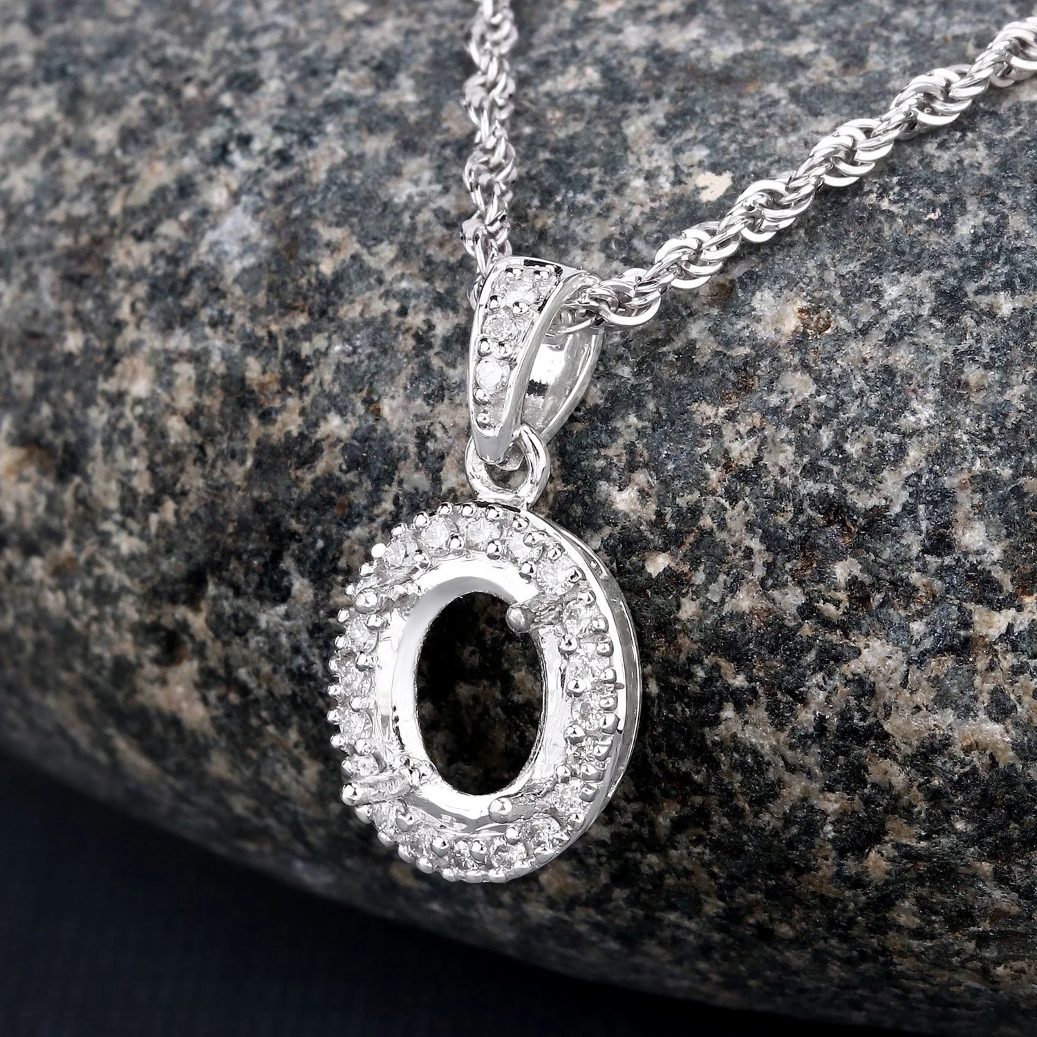 0.18 Carat Genuine White Diamond 14K White Gold Semi Mount Pendant - holds 8x6mm Oval Gemstone - Image 4