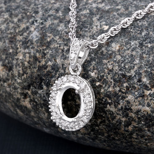 0.18 Carat Genuine White Diamond 14K White Gold Semi Mount Pendant - holds 8x6mm Oval Gemstone - Image 8