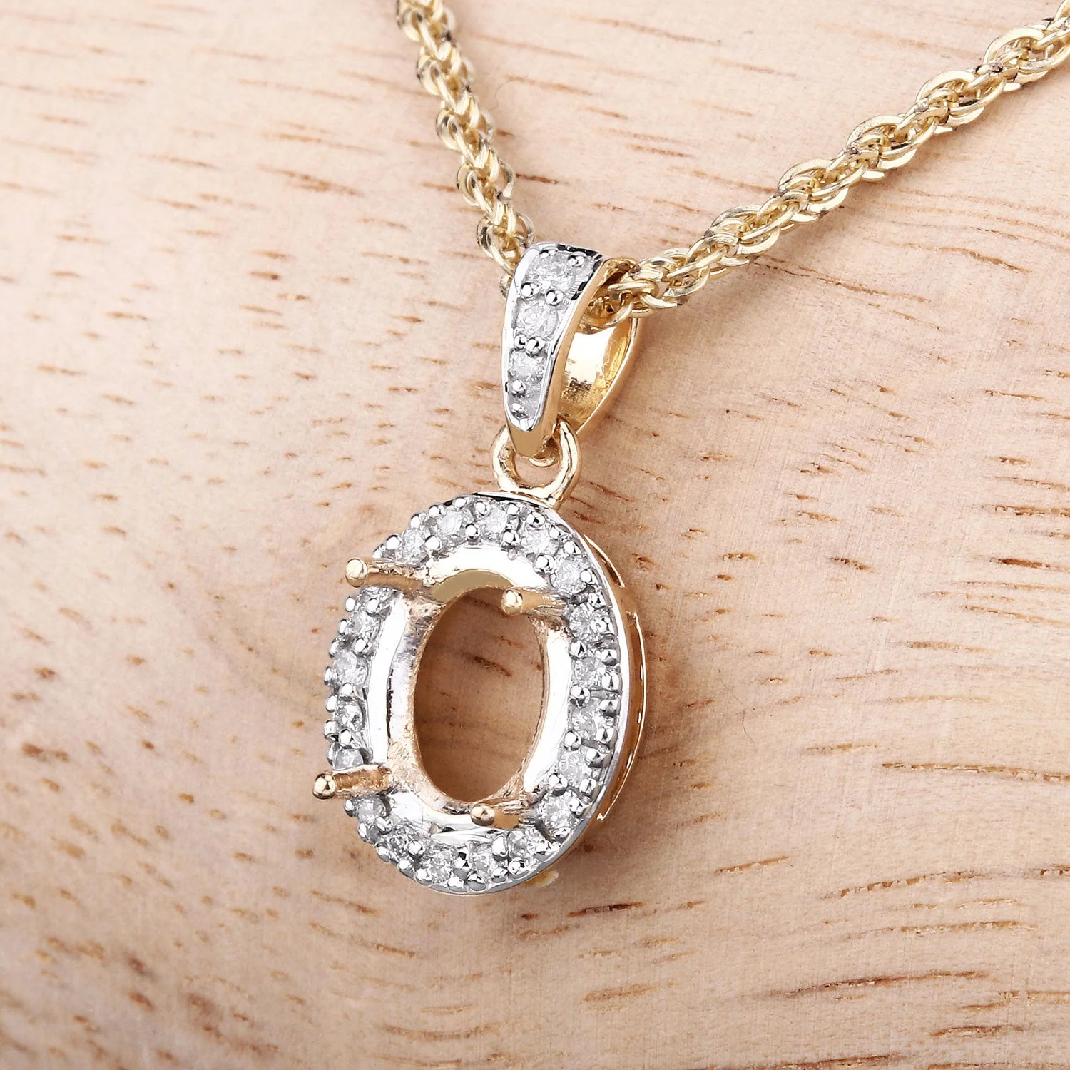 0.18 Carat Genuine White Diamond 14K Yellow Gold Semi Mount Pendant - holds 8x6mm Oval Gemstone - Image 4