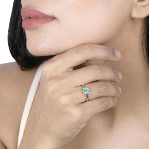 0.40 Carat Genuine Zambian Emerald and White Diamond 14K White Gold Ring - Image 10