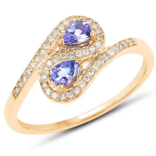 0.42 Carat Genuine Tanzanite and White Diamond 14K Yellow Gold Ring - Image 4