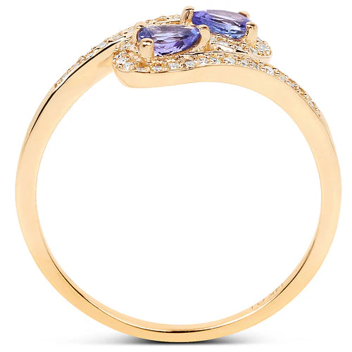 0.42 Carat Genuine Tanzanite and White Diamond 14K Yellow Gold Ring - Image 5