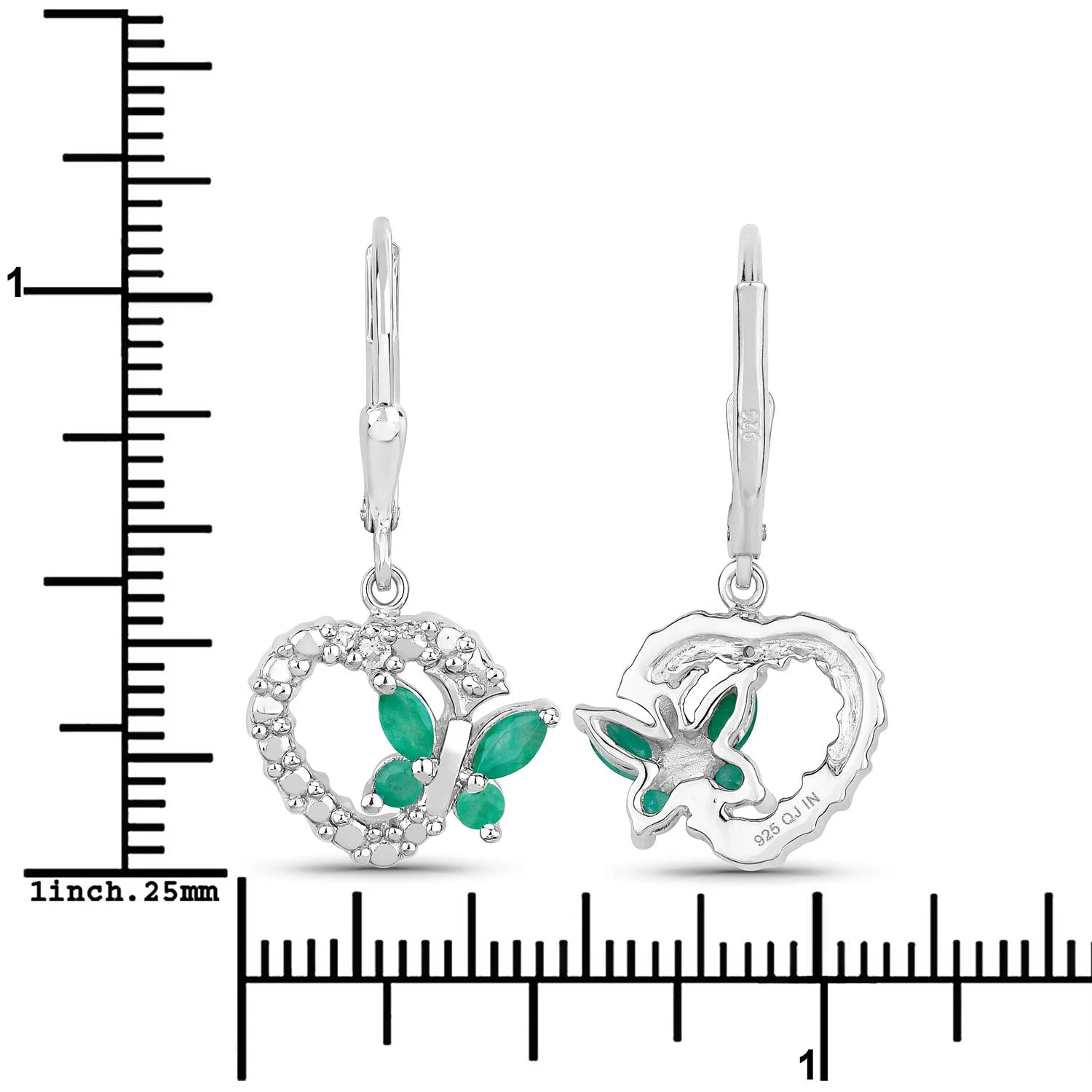 0.44 Carat Genuine Emerald and Created White Sapphire .925 Sterling Silver Earrings - Image 3