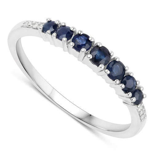 0.45 Carat Genuine Blue Sapphire and White Diamond 14K White Gold Ring - Image 6