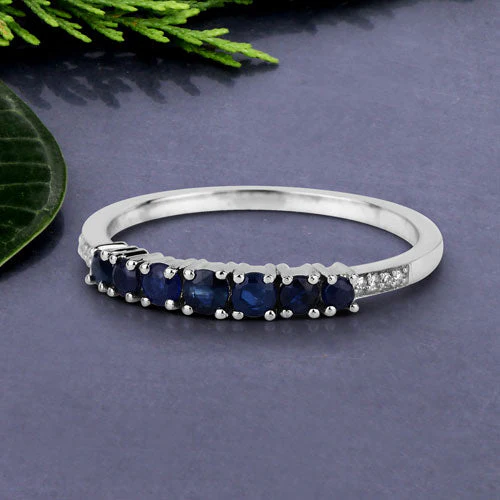 0.45 Carat Genuine Blue Sapphire and White Diamond 14K White Gold Ring - Image 8
