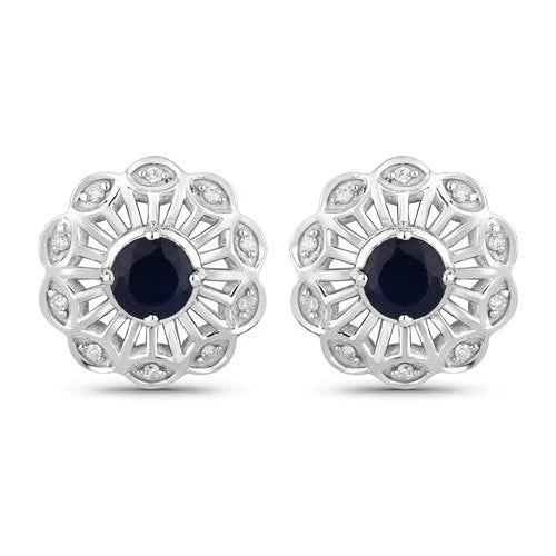0.60 Carat Genuine Blue Sapphire and White Diamond 14K White Gold Earrings