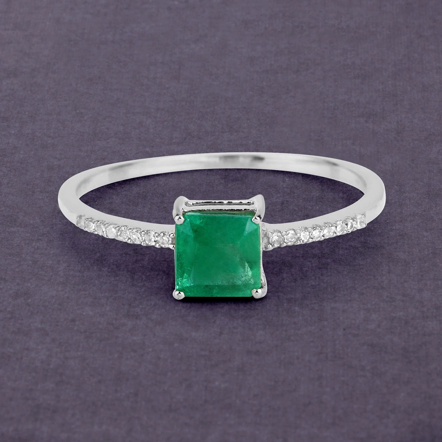 0.64 Carat Genuine Zambian Emerald and White Diamond 14K White Gold Ring - Image 4