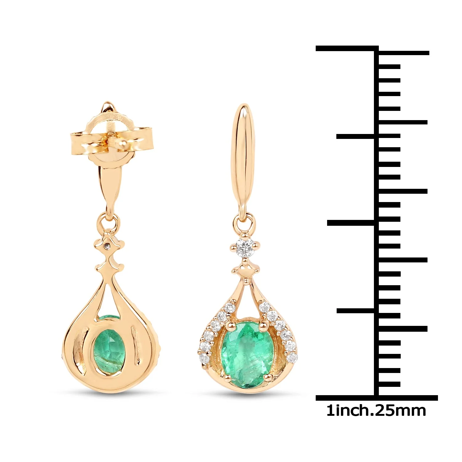 0.70 Carat Genuine Zambian Emerald and White Diamond 14K Yellow Gold Earrings - Image 3