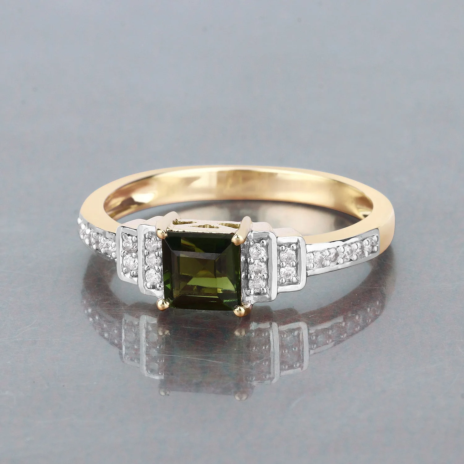 0.72 Carat Genuine Green Tourmaline and White Diamond 14K Yellow Gold Ring - Image 2