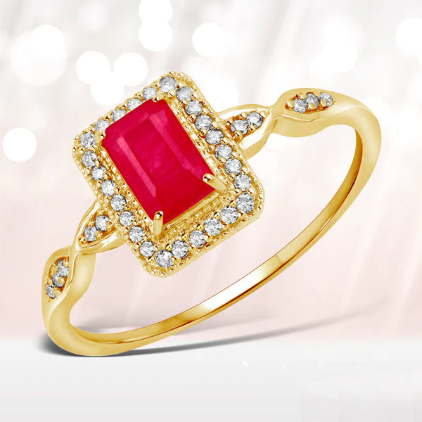 0.75 Carat Genuine Ruby and White Diamond 14K Yellow Gold Ring