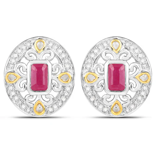 0.77 Carat Genuine Ruby and White Diamond .925 Sterling Silver Earrings - Image 2