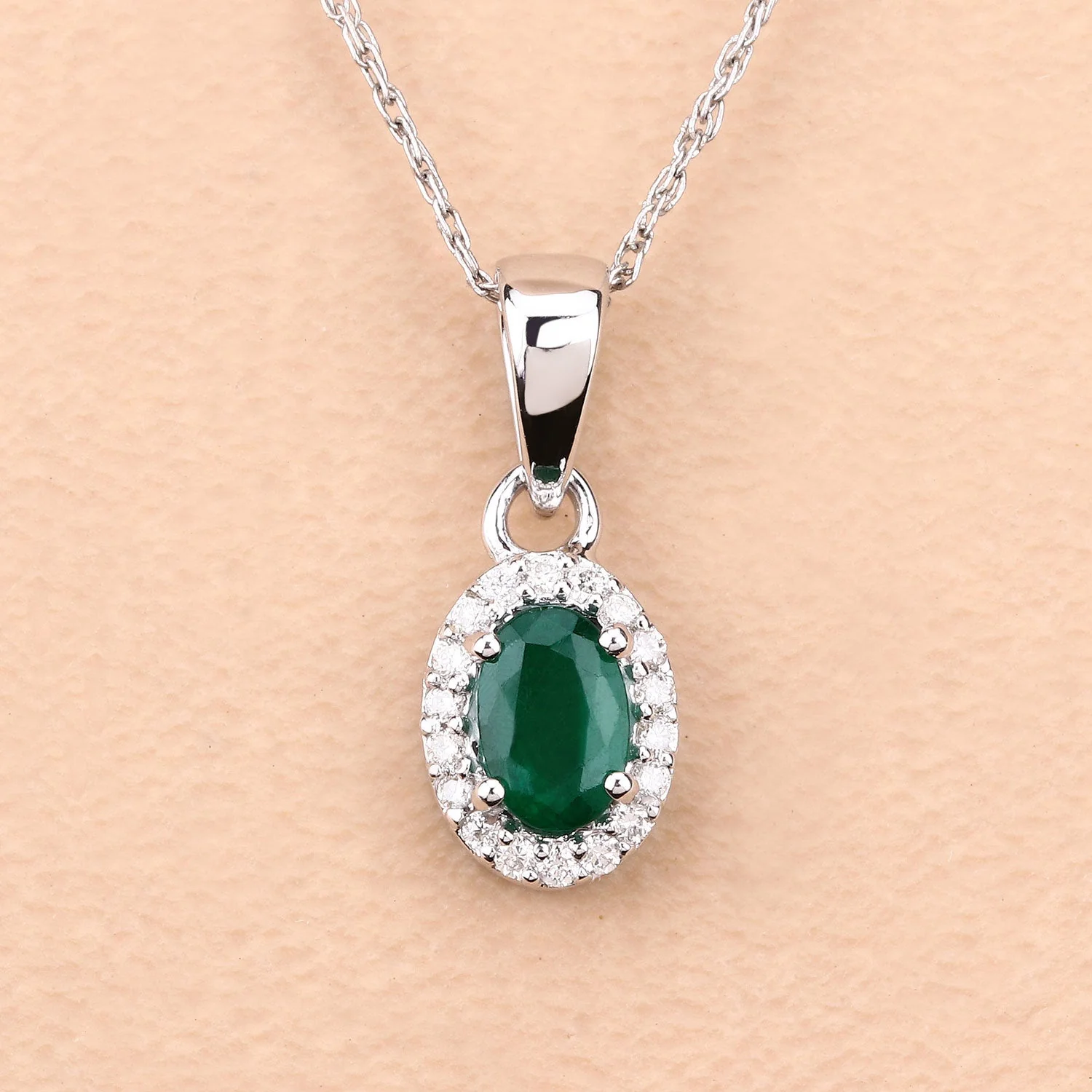0.81 Carat Genuine Zambian Emerald and White Diamond 14K White Gold Pendant - Image 4