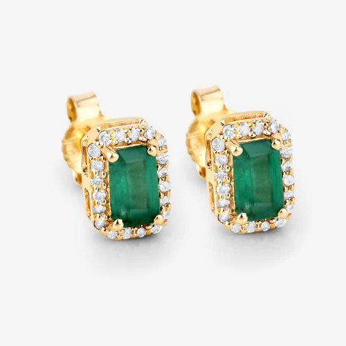 0.91 Carat Genuine Zambian Emerald and White Diamond 14K Yellow Gold Earrings - Image 10