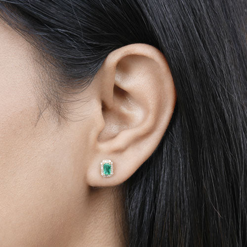 0.91 Carat Genuine Zambian Emerald and White Diamond 14K Yellow Gold Earrings - Image 15