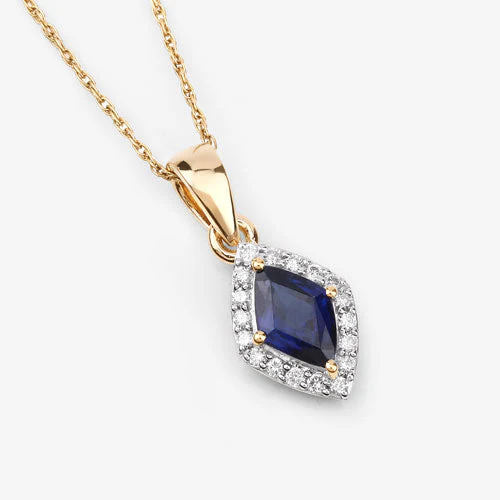 0.92 Carat Genuine Blue Sapphire and White Diamond 14K Yellow Gold Pendant - Image 11