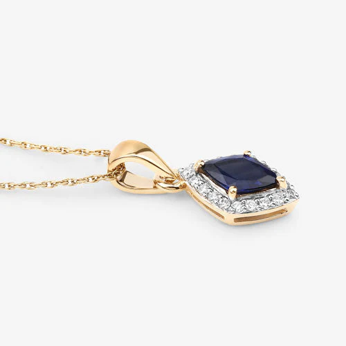 0.92 Carat Genuine Blue Sapphire and White Diamond 14K Yellow Gold Pendant - Image 13
