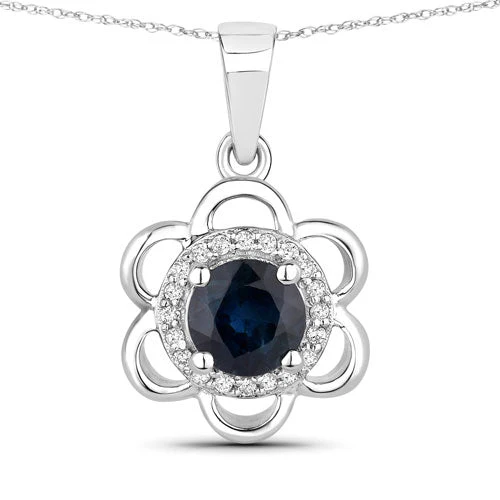0.94 Carat Genuine Blue Sapphire and White Diamond 14K White Gold Pendant