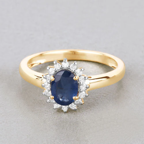 1.11 Carat Genuine Blue Sapphire and White Diamond 10K Yellow Gold Ring - Image 4