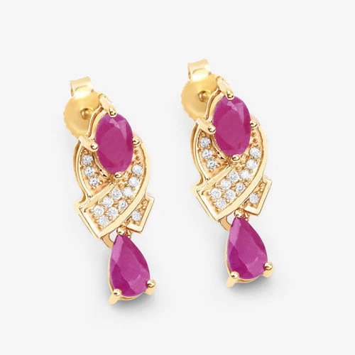 1.12 Carat Genuine Ruby and White Diamond 14K Yellow Gold Earrings - Image 10