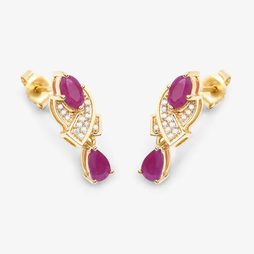 1.12 Carat Genuine Ruby and White Diamond 14K Yellow Gold Earrings - Image 11