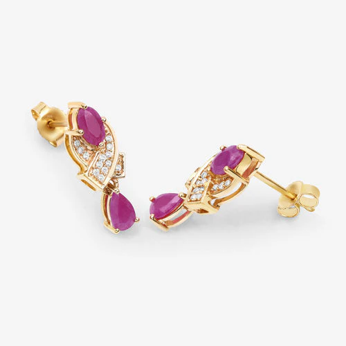 1.12 Carat Genuine Ruby and White Diamond 14K Yellow Gold Earrings - Image 12