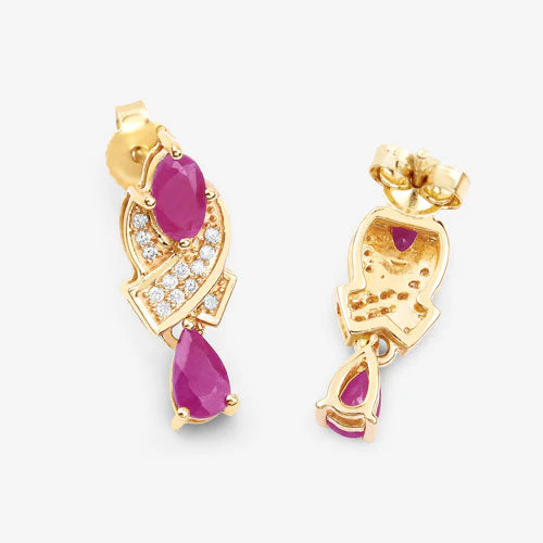 1.12 Carat Genuine Ruby and White Diamond 14K Yellow Gold Earrings - Image 13