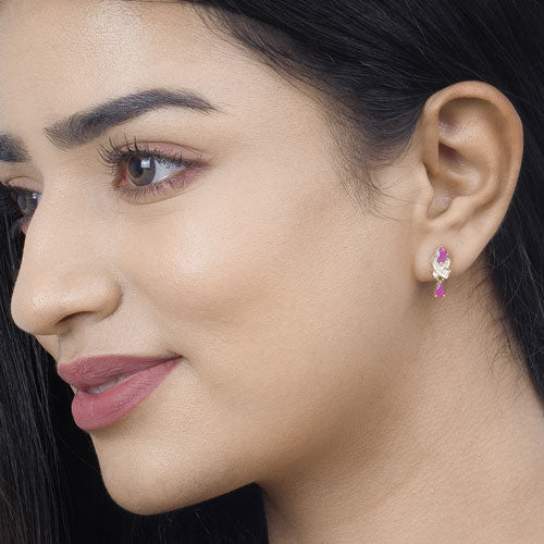 1.12 Carat Genuine Ruby and White Diamond 14K Yellow Gold Earrings - Image 16