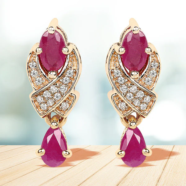 1.12 Carat Genuine Ruby and White Diamond 14K Yellow Gold Earrings - Image 2