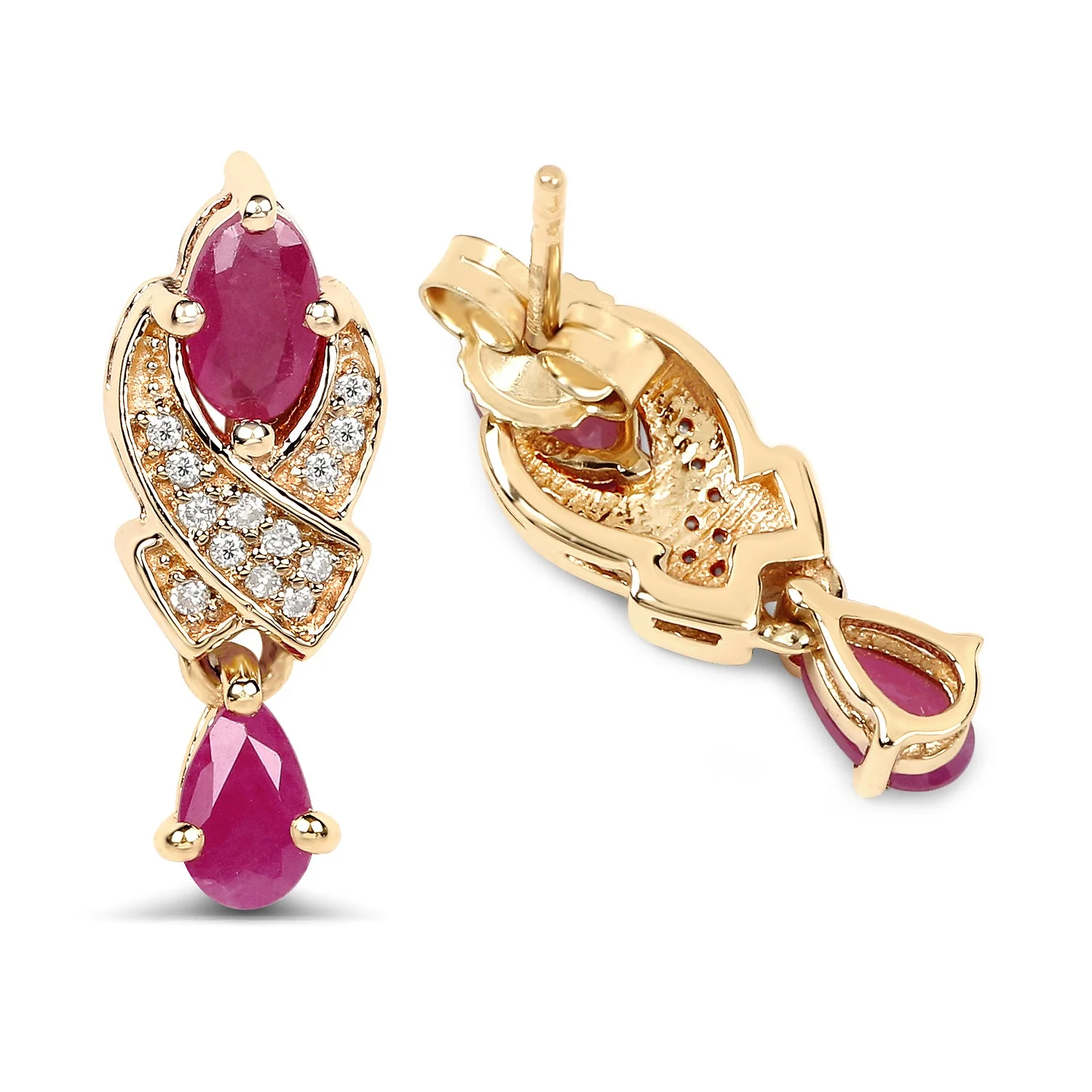1.12 Carat Genuine Ruby and White Diamond 14K Yellow Gold Earrings - Image 3