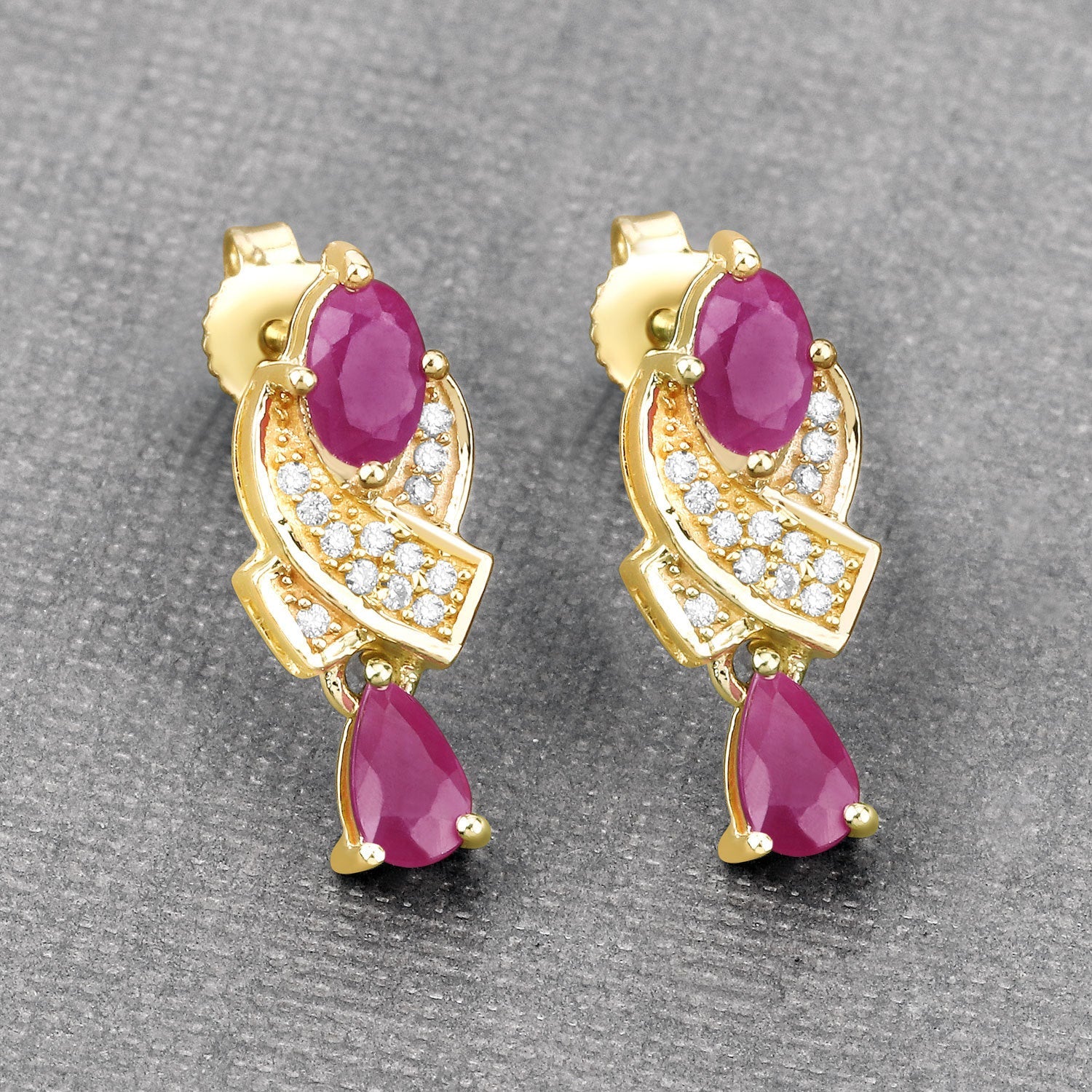 1.12 Carat Genuine Ruby and White Diamond 14K Yellow Gold Earrings - Image 4