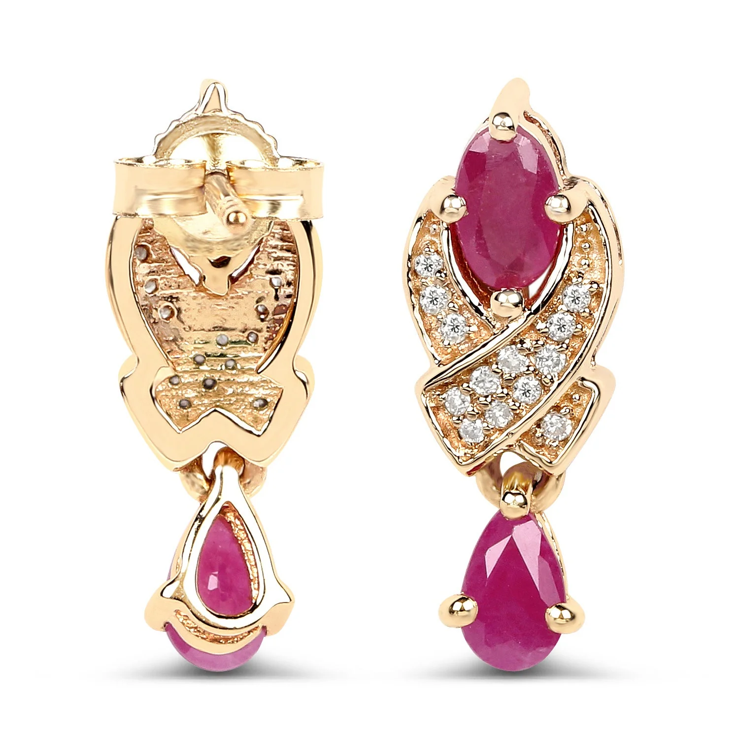 1.12 Carat Genuine Ruby and White Diamond 14K Yellow Gold Earrings - Image 5