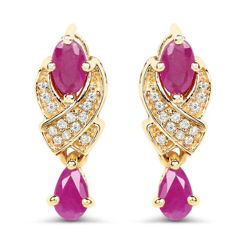 1.12 Carat Genuine Ruby and White Diamond 14K Yellow Gold Earrings - Image 6