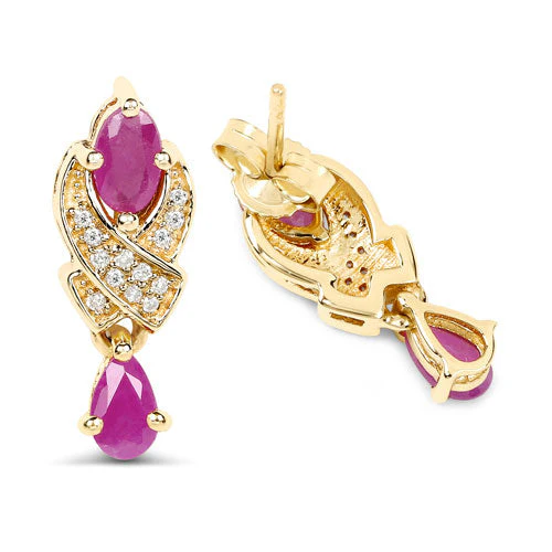 1.12 Carat Genuine Ruby and White Diamond 14K Yellow Gold Earrings - Image 7