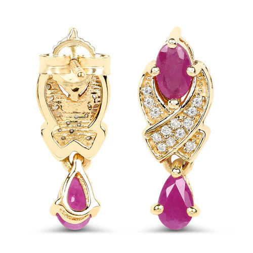 1.12 Carat Genuine Ruby and White Diamond 14K Yellow Gold Earrings - Image 8