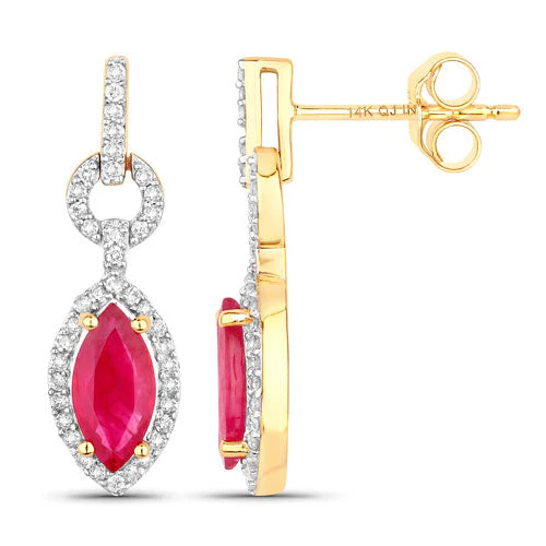 1.23 Carat Genuine Ruby and White Diamond 14K Yellow Gold Earrings - Image 2