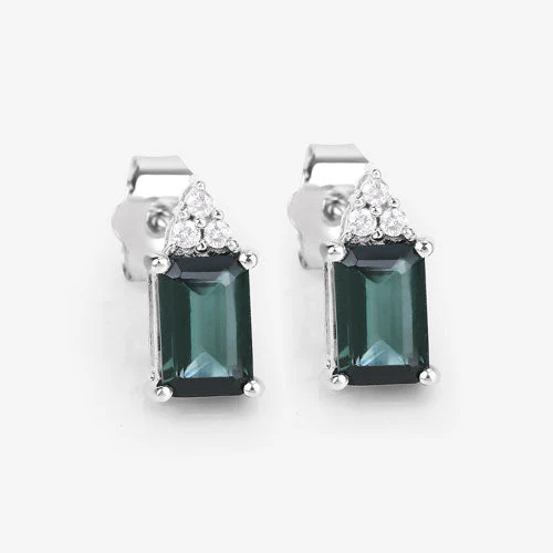 1.25 Carat Genuine Green Tourmaline and White Diamond 14K White Gold Earrings - Image 11