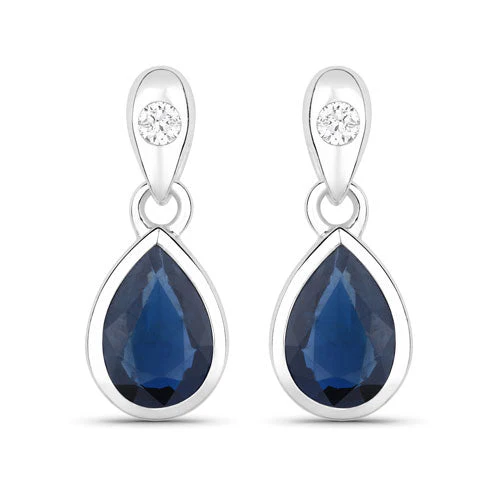 1.65 Carat Genuine Blue Sapphire and White Diamond 10K White Gold Earrings