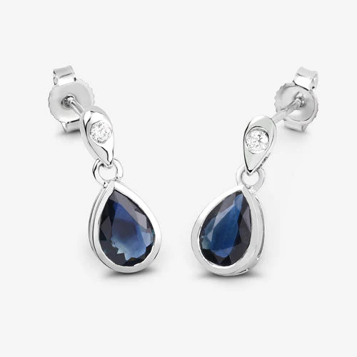 1.65 Carat Genuine Blue Sapphire and White Diamond 10K White Gold Earrings - Image 7