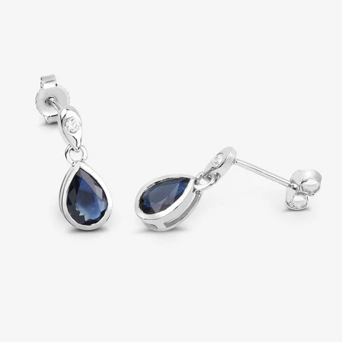 1.65 Carat Genuine Blue Sapphire and White Diamond 10K White Gold Earrings - Image 8
