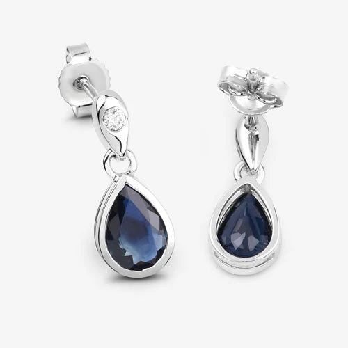 1.65 Carat Genuine Blue Sapphire and White Diamond 10K White Gold Earrings - Image 9