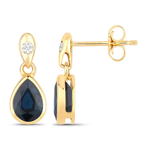 1.65 Carat Genuine Blue Sapphire and White Diamond 10K Yellow Gold Earrings - Image 2