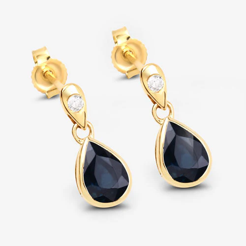 1.65 Carat Genuine Blue Sapphire and White Diamond 10K Yellow Gold Earrings - Image 6
