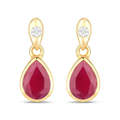 1.65 Carat Genuine Ruby and White Diamond 10K Yellow Gold Earrings